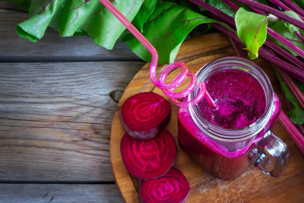 Fresh Smoothies of beet with a glass jar, selective focus