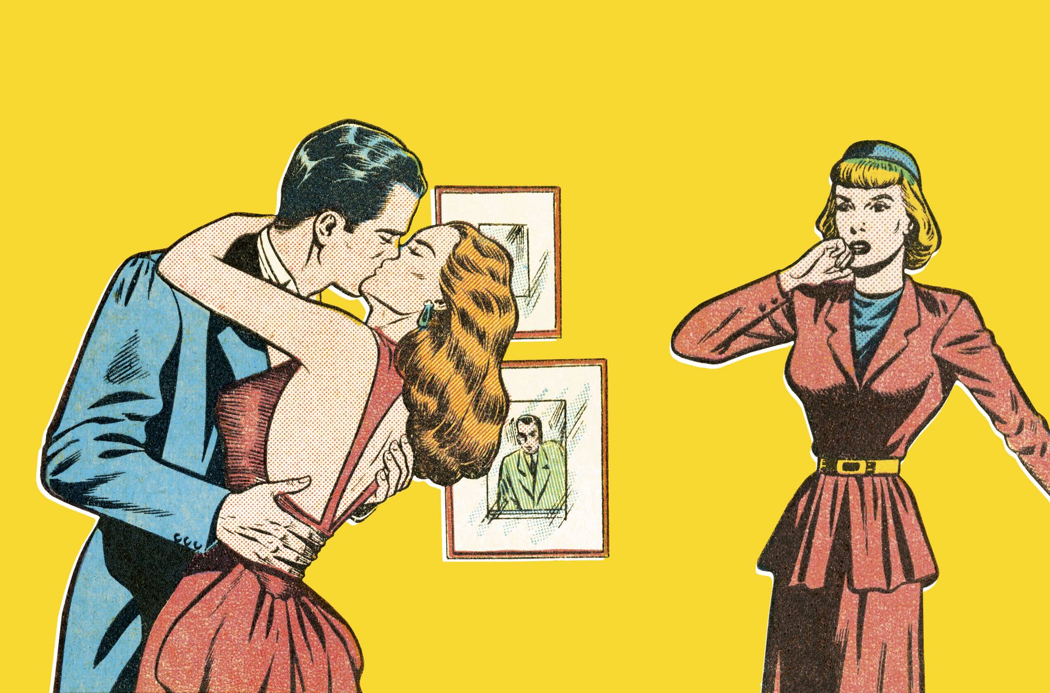www.juicysantos.com.br - traição pode gerar danos morais - esposa flagra marido beijando outra mulher em estilo de desenho dos anos 50