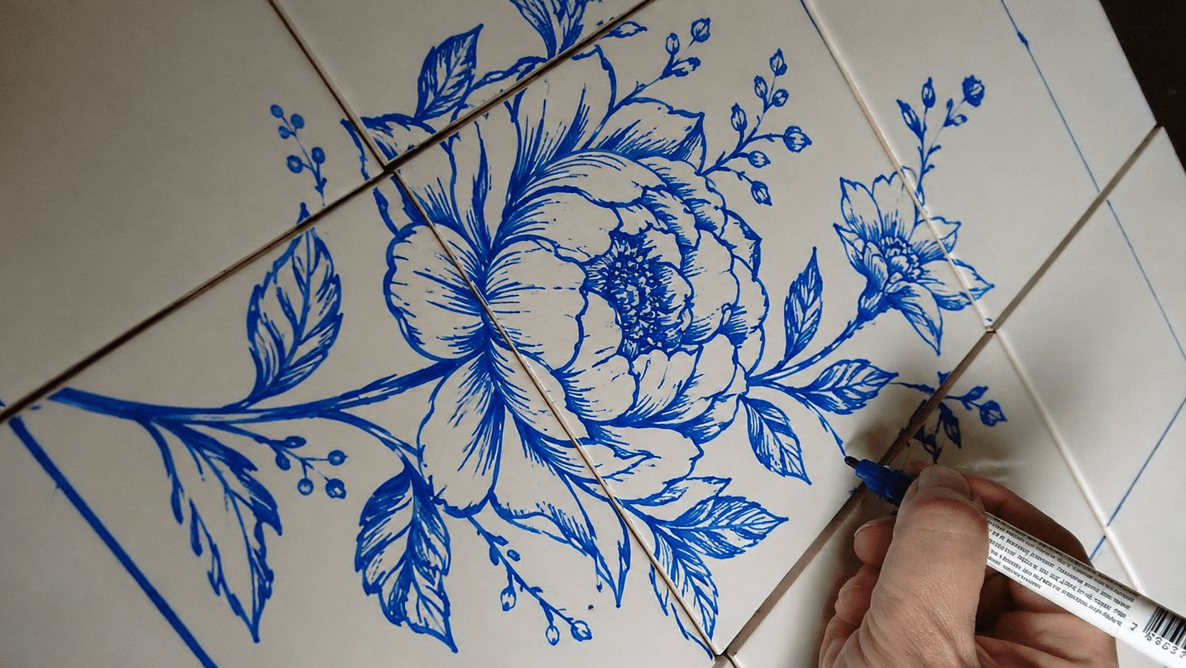 Mão desenhando um intrincado padrão floral azul de peônias e folhas em azulejos de cerâmica brancos.