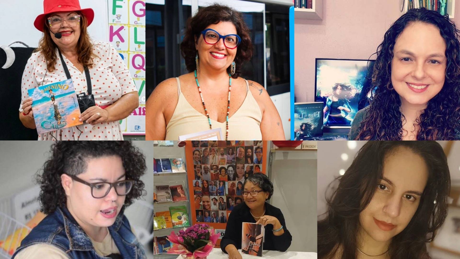Seis mulheres diversas, algumas segurando livros, em diferentes cenários que remetem a eventos literários e autoria.