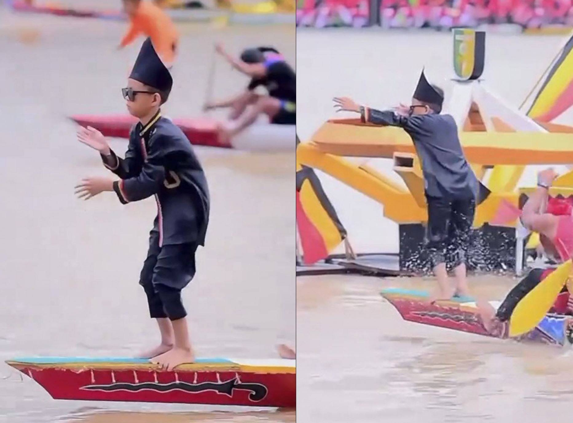 Jovem em traje tradicional e óculos escuros equilibrando-se em um pequeno barco pintado durante evento aquático, em dois momentos distintos: estável e com respingos de água.
