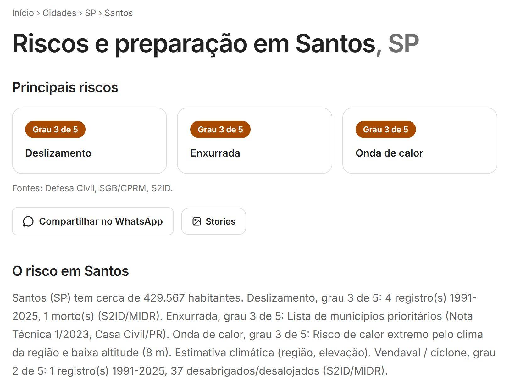 Página web detalhando riscos naturais em Santos, SP: deslizamento, enxurrada e onda de calor, todos com grau 3 de 5.