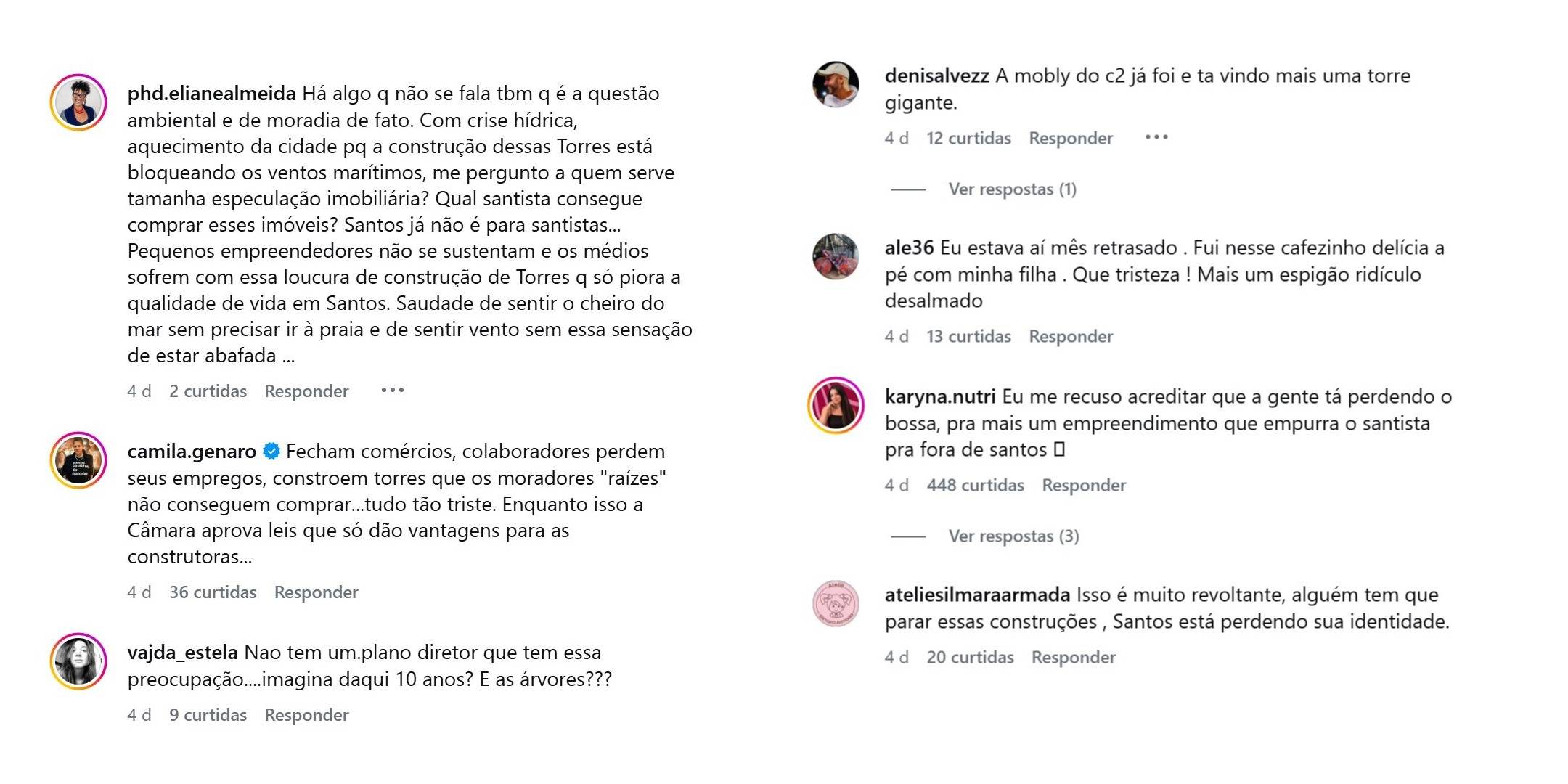 Captura de tela de comentários do Instagram em português discutindo a construção de torres em Santos e seus impactos urbanos e sociais.