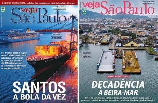 Duas capas da Veja São Paulo lado a lado, contrastando a imagem do porto de Santos: uma vibrante e promissora, outra de decadência.