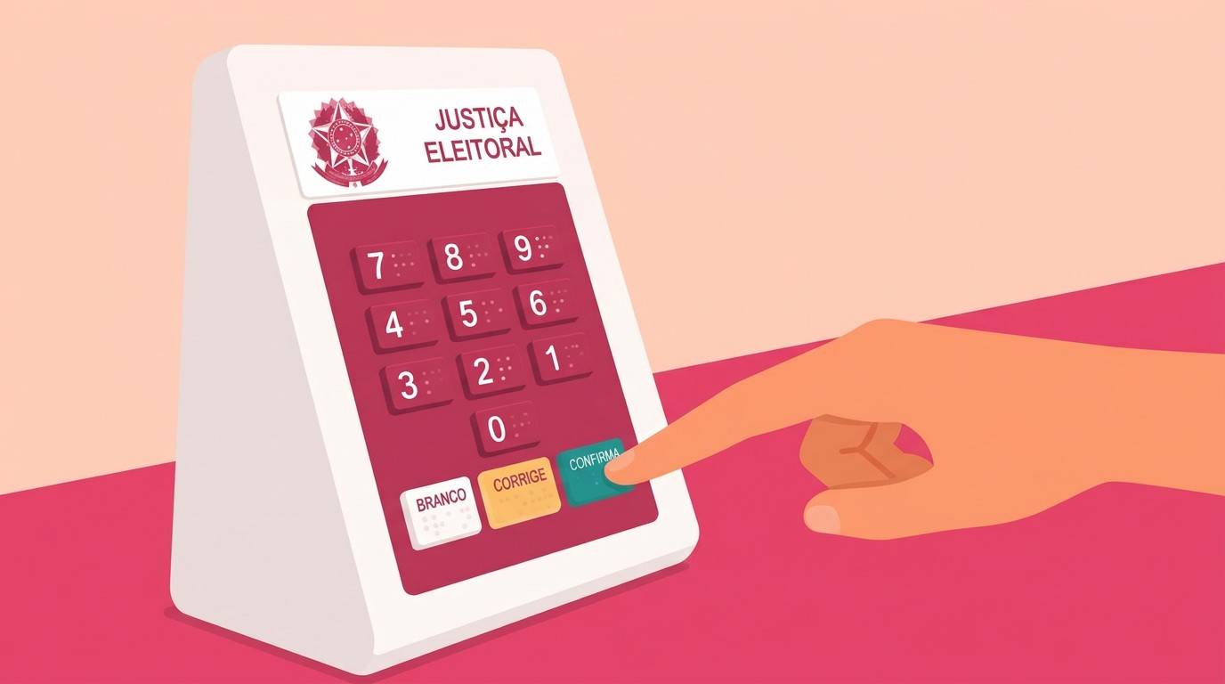 Urna eletrônica com teclado numérico e botões Branco, Corrige, Confirma. Uma mão pressiona o botão verde 'Confirma'.