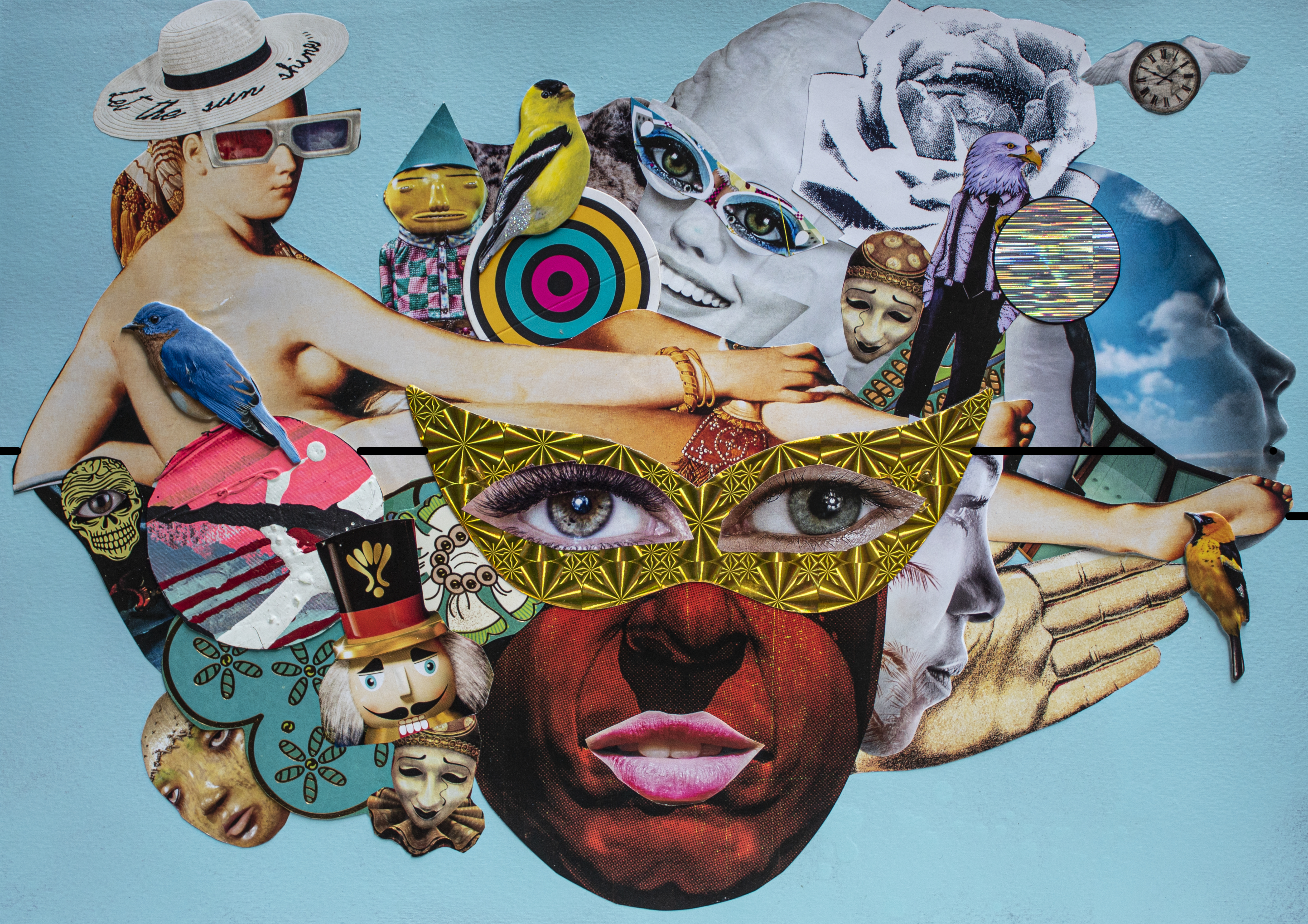 Colagem surrealista vibrante com figura feminina, pássaros, máscaras, elementos de rostos e objetos diversos sobre fundo azul.