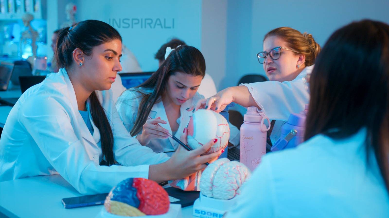 Quatro estudantes de medicina em jalecos brancos examinando modelos anatômicos de cérebro e crânio em laboratório.